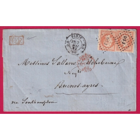 N°16 X2 PARIS DS3 1862 PD ANNULE PAR PP POUR BUENOS AYRES ARGENTINE VOIE ANGLAISE VIA LONDRES ET SOUTHAMPTON LETTRE