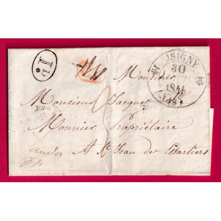 CAD TYPE 12 ISIGNY CL ROUGE ANNULE PUIS DECIME RURAL CALVADOS 1841 AU DOS AULNAY SUR ODON MESNIL AUZOUF REEXPEDIE LETTRE