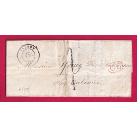 TAXE 1 TAMPON DE FABRICATION LOCALE ISIGNY CALVADOS 1855 CL ROUGE TEXTE DE NEUILLY LETTRE