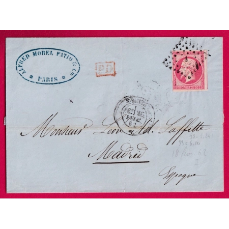 N°17B ROSE PARIS BUREAU J POUR MADRID ESPAGNE 1862 LETTRE