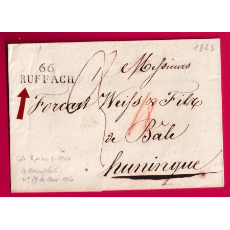 MARQUE 66 RUFFACH HAUT RHIN POUR BALE SUISSE PAR HUNINGUE 1823 LETTRE