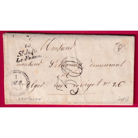 CURSIVE 13 ST JULIEN LE FAUCON CALVADOS DATEUR B BOITE RURALE E CASTILLON POUR ALGER ALGERIE 1854 INDICE 13 LETTRE