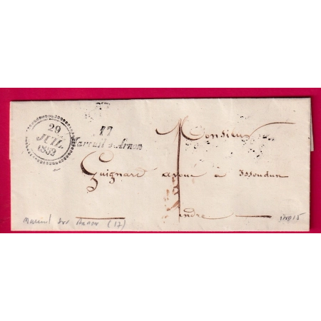 CURSIVE 17 MAREUIL SUR ARNON CHER DATEUR B 1852 POUR ISSOUDIN INDRE TAXE LOCALE 1 SUR 2 DEPARTEMENT INDICE 15 LETTRE