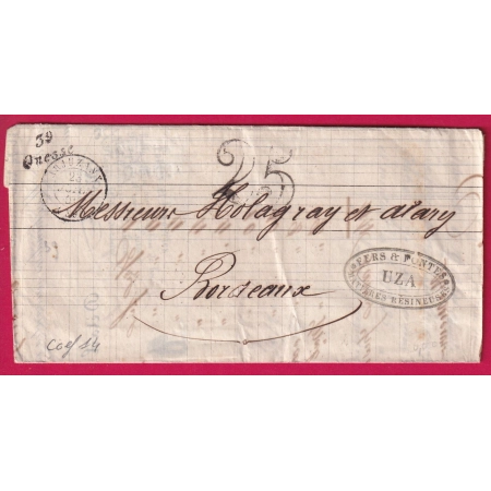 CURSIVE 39 ONESSE LANDES FORGES DE UZA POUR BORDEAUX GIRONDE 1850 INDICE 14 LETTRE