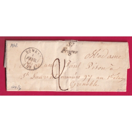 CURSIVE 37 FROGES ISERE POUR GRENOBLE INDICE 16 1848 LETTRE