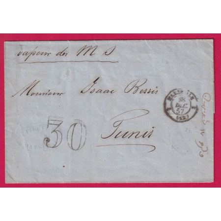 CAD TYPE 15 MARSEILLE 2 12 2 TAXE 30 POUR TUNIS TUNISIE 1857 VAPEUR MESSAGERIES IMPERIALES LETTRE