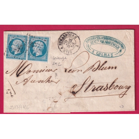 N°14 PAIRE AMBULANT SM2 CHIFFRE ROMAIN BALE A STRASBOURG TEXTE DE COLMAR HAUT RHIN 1858 LETTRE