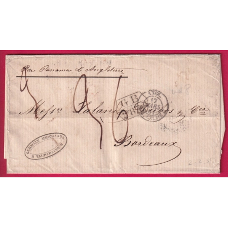 LETTRE DE VALPARAISON CHILI MARQUE ECHANGE GB 2F87 VOIE ANGLAISE PAR PANAMA 1861 BORDEAUX LETTRE