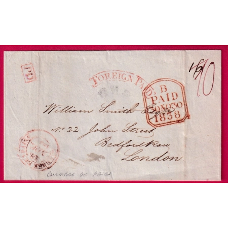 CAD CHAMBRE DES PAIRS PARIS EN ROUGE 1838 POUR LONDRES LONDON FOREIGN PAID LETTRE