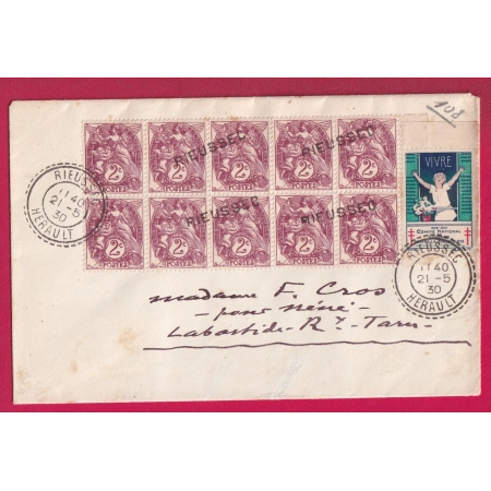 N°108 BLOC DE 10 CAD FB 84 RIEUSSEC + GRIFFE LINEAIRE HERAULT VIGNETTE ANTI TUBERCULOSE LA BASTIDE TARN LETTRE