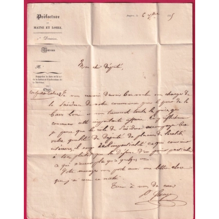 FRANCHISE PREFET MAINE ET LOIRE ANGERS 1835 POUR AVRILLE LETTRE