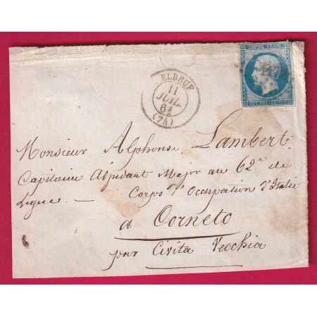N°14 TARIF MILITAIRE PC ELBEUF SEINE INFERIEURE POUR CORNETO CORPS OCCUPATION ITALIE 1861 DEVANT DE LETTRE