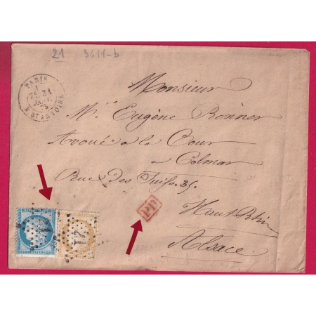 N°55 + 60 PARIS ETOILE 21 R ST ANTOINE POUR COLMAR ALSACE LORRAINE 1875 LETTRE