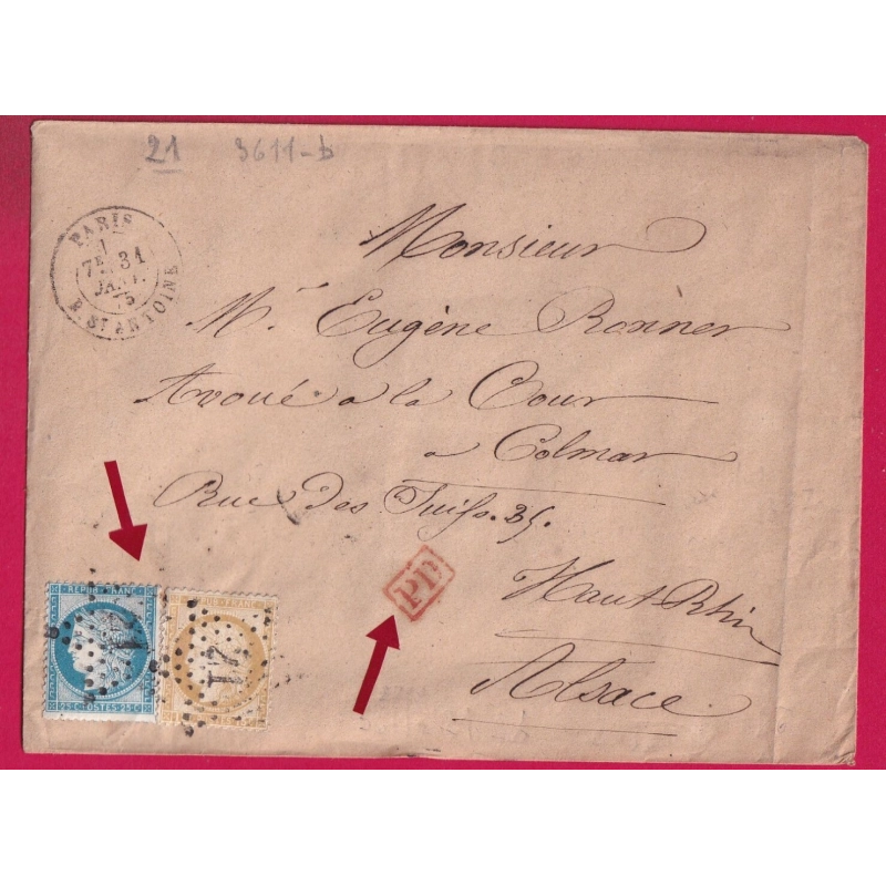 N°55 + 60 PARIS ETOILE 21 R ST ANTOINE POUR COLMAR ALSACE LORRAINE 1875 LETTRE