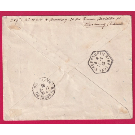 ENTIER 50C PAIX EXPOSITION PHILATELIQUE MULHOUSE 1934 + N° 111 291 293 RECOMMANDE CHERBOURG MANCHE KINGERSHEIM HAUT RHIN