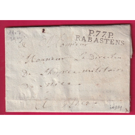 MARQUE P77P RABASTENS TARN 1807 POUR HOPITAL MILITAIRE NICE ALPES MARITIMES INDICE 14 LETTRE