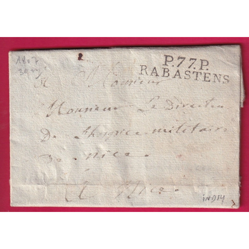 MARQUE P77P RABASTENS TARN 1807 POUR HOPITAL MILITAIRE NICE ALPES MARITIMES INDICE 14 LETTRE
