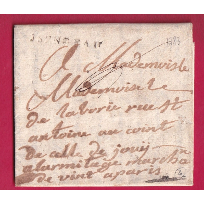 MARQUE FRANCHE YSSENGEAUX HAUTE LOIRE TAXE 9 AU DOS LENAIN N°2 INDICE 20 POUR PARIS 1783 LETTRE