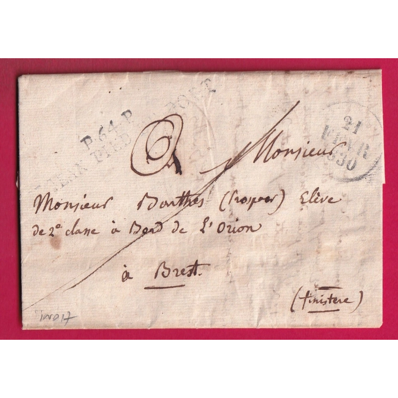 MARQUE P64P ST JEAN PIED DE PORT BASSES PYRENEES 1830 POUR BREST FINISTERE INDICE 17 LETTRE