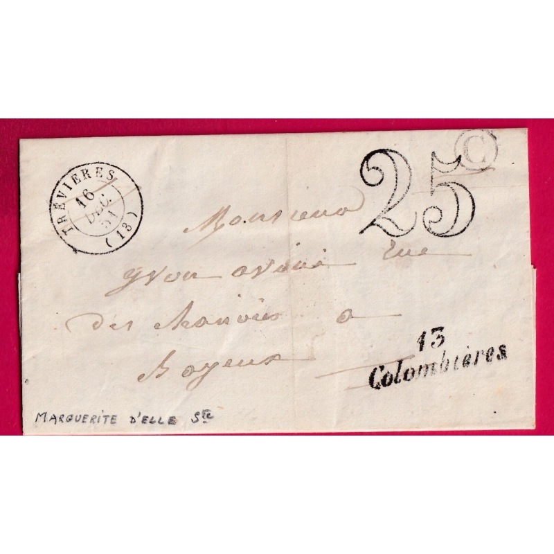 CURSIVE 13 COLOMBIERES CALVADOS BOITE RURALE C STE MARGUERITE D'ELLE POUR BAYEUX 1851 LETTRE