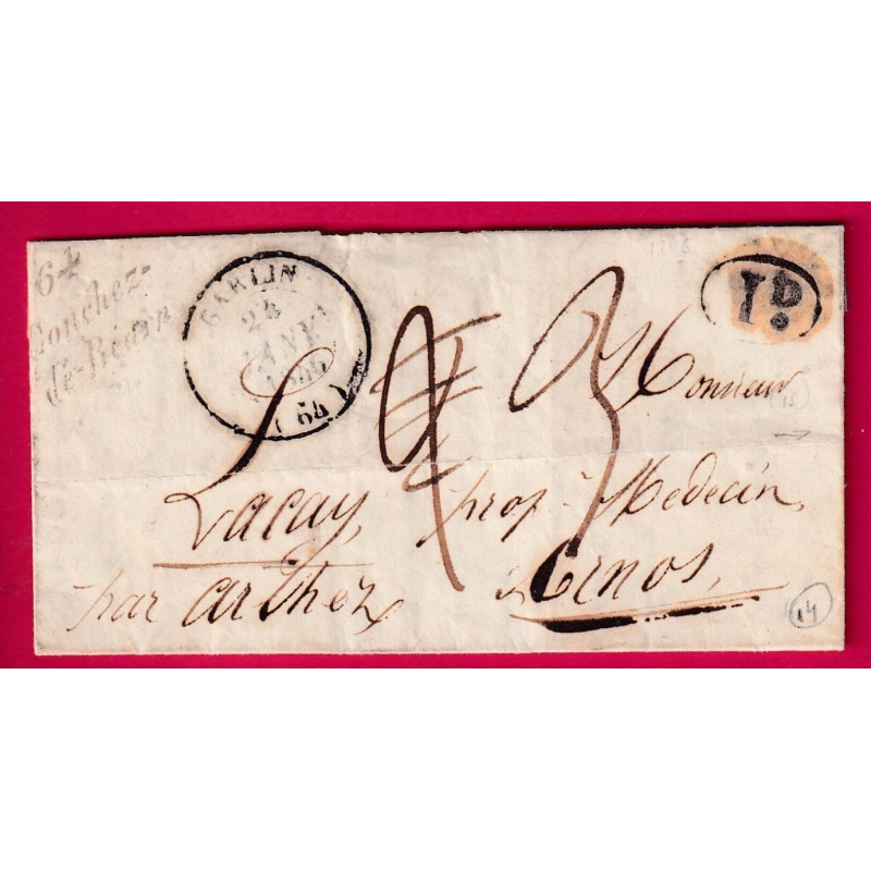 CURSIVE 64 CONCHEZ DE BEARN BASSES PYRENEES T14 GARLIN CURISE 64 ARTHEZ EN ARRIVEE 1846 INDICE 14 + 12 LETTRE