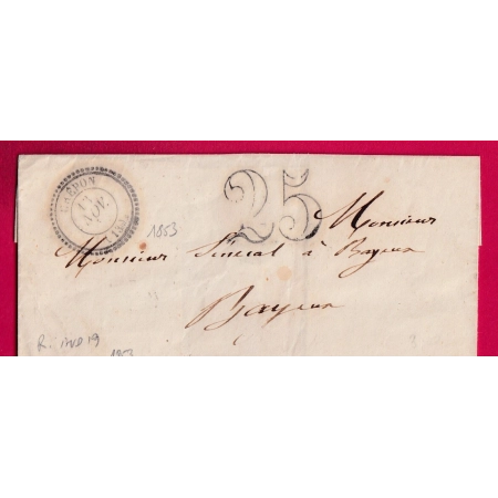 CAD TYPE 22 DE CREPON CALVADOS DE 1853 TAXE TAMPON 25 RARE COTE CHEVALIER INDICE 19 POUR BAYEUX LETTRE