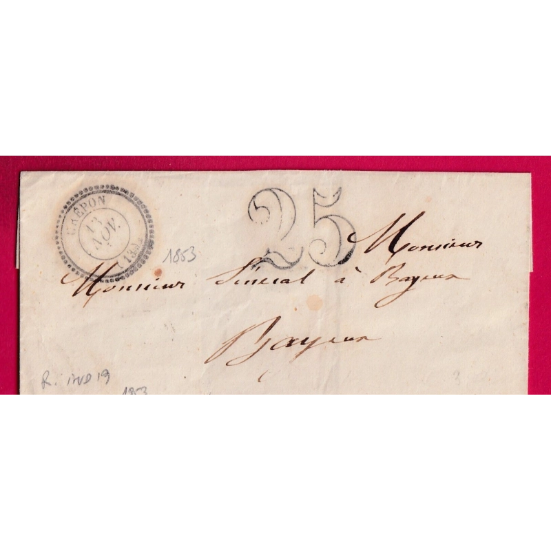 CAD TYPE 22 DE CREPON CALVADOS DE 1853 TAXE TAMPON 25 RARE COTE CHEVALIER INDICE 19 POUR BAYEUX LETTRE