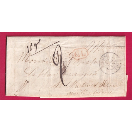 CAD TYPE 15 FALAISE CALVADOS + CL ROUGE TAXE 2 DOUBLE PORT LOCAL MENTION POIDS 10 GRAMMES 1858 LETTRE COVER