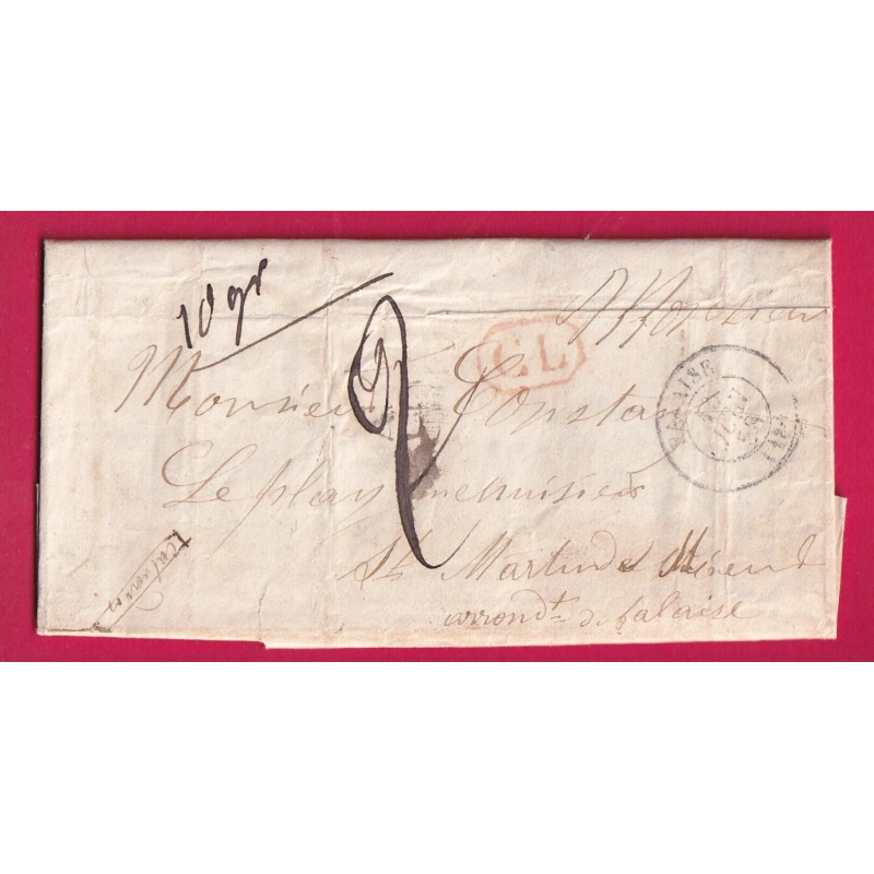 CAD TYPE 15 FALAISE CALVADOS + CL ROUGE TAXE 2 DOUBLE PORT LOCAL MENTION POIDS 10 GRAMMES 1858 LETTRE COVER