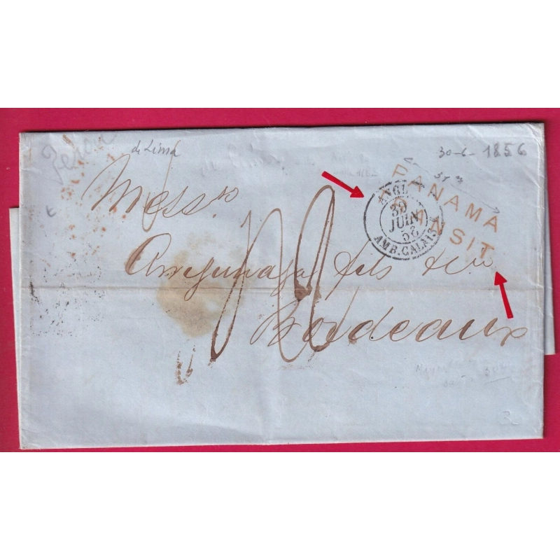 LETTRE DE LIMA PEROU PERU 1856 VOIE ANGLAISE PANAMA TRANSIT POUR BORDEAUX LETTRE COVER