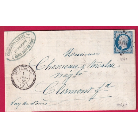 N°14 PC 3064 STE FLORINE HAUTE LOIRE CAD TYPE 22 INDICE 14 TEXTE VERRERIE NOTRE DAME DU PORT POUR CLERMONT LETTRE COVER