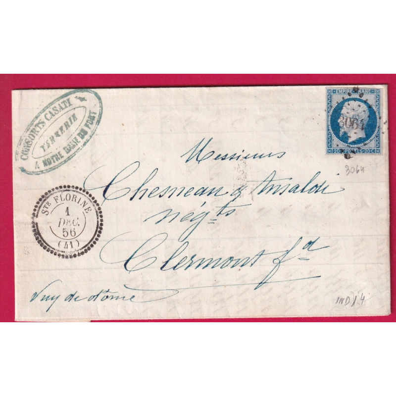 N°14 PC 3064 STE FLORINE HAUTE LOIRE CAD TYPE 22 INDICE 14 TEXTE VERRERIE NOTRE DAME DU PORT POUR CLERMONT LETTRE COVER
