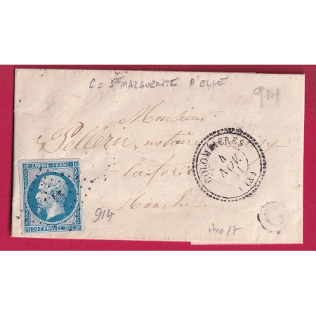 N°14 PC 914 COLOMBIERES CALVADOS BOITE RURALE C STE MARGUERITE D'ELLE INDICE 17 POUR LA MANCHE LETTRE COVER