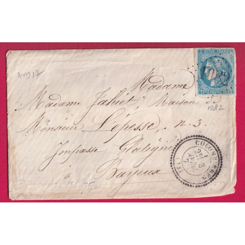 N°46B GC 1082 COLOMBIERE CALVADOS POUR BAYEUX INDICE 17 LETTRE COVER