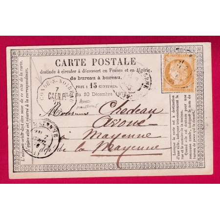 N°55 CONVOYEUR STATION CONDE SUR NOIREAU CALVADOS AVEC MILLESIME 76 POUR MAYENNE CARTE PRECURSEUR LETTRE COVER