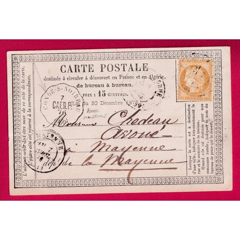 N°55 CONVOYEUR STATION CONDE SUR NOIREAU CALVADOS AVEC MILLESIME 76 POUR MAYENNE CARTE PRECURSEUR LETTRE COVER