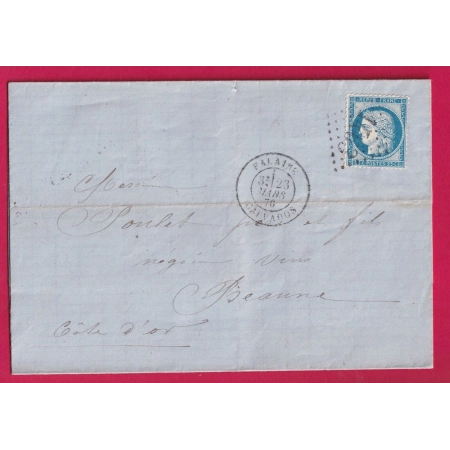 N°60 GC 1463 FALAISE CALVADOS CAD TYPE 18 POUR BEAUNE COTE D'OR 1876 LETTRE COVER