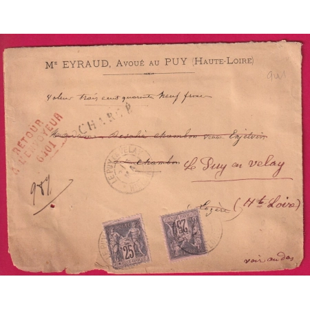 N°97 X2 LE PUY EN VELAY RETOUR ENVOYEUR RETOUR ENVOYEUR 6401 LE CHAMBON LE CHATEAU LOZERE LETTRE COVER