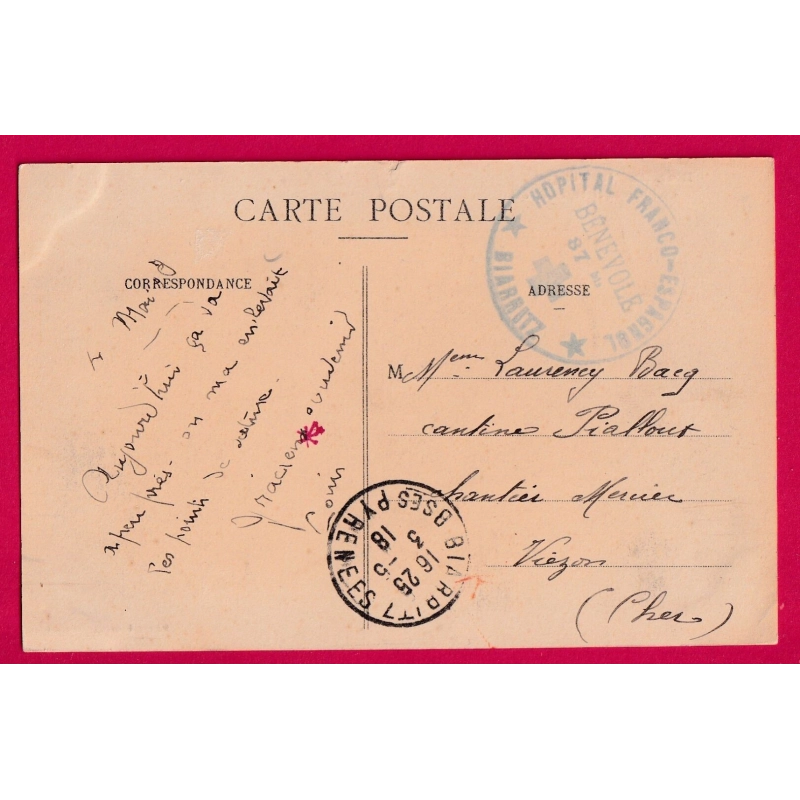 HOPITAL FRANCO ESPAGNOL BENEVOLE 87BIS BIARRITZ BASSES PYRENEES ATLANTIQUE 1918 WW1 GUERRE 14 18 LETTRE COVER