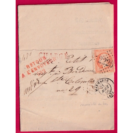 N°23 GC 2226 MARMANDE LOT ET GARONNE 1866 BANDE CHARGE POUR BORDEAUX RETOUR ENVOYEUR 532 ROUGE LETTRE COVER