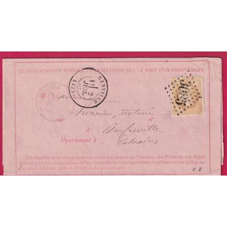 N°28 GC 3085 RANVILLE CALVADOS SUR AVIS ROSE POUR AMFREVILLE 1869 LETTRE COVER