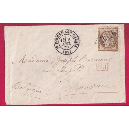 N°56 GC 3816 ST PIERRE LES CALAIS BELLE VARIETE IMPRESSION DEFECTUEUSE POUR LOUVAIN BELGIQUE LETTRE COVER