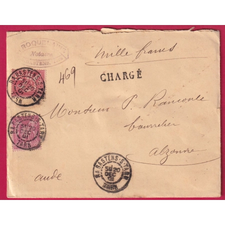 N°98 112 RABASTENS SUR TARN LETTRE CHARGE POUR ALZONNE AUDE 1901 CERTIFICAT RHP