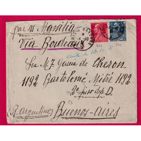 N°243 274 AMBULANT PARIS A BAYONNE BASSES PYRENEES POUR BUENOS AIRES ARGENTINE ARGENTINA 1931 LETTRE