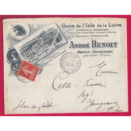 ENVELOPPE ILLUSTREE USINE DE L'ISLE DE LA LOIRE BRIVE CHARENSAC HAUTE LOIRE POUR YSSENGEAUX 1912 LETTRE