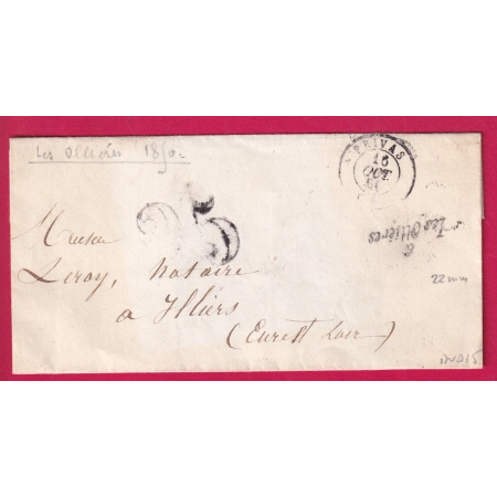 CURSIVE 6 LES OLLIERES ARDECHE 22mm INDICE 15 1850 T15 PRIVAS POUR ILLIERS EURE ET LOIRE LETTRE COVER