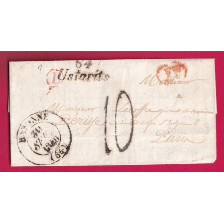 CURSIVE 64 USTARITZ BASSES PYRENEES BOITE RURALE D EN ROUGE A IDENTIFIER TAXE 10 TAMPON POUR PARIS DECIME RURAL LETTRE