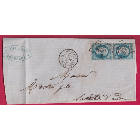 N°22 PAIRE GC 532 A BORDEAUX LES CHARTRONS POUR SALLELES D'AUDE 1863 LETTRE