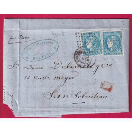 N°45C X2 TTB AMBULANT IRUN A BORDEAUX POUR SAN SEBATIAN ESPAGNE SPAIN 1870 DEPART BAYONNE BASSES PYRENEES LETTRE