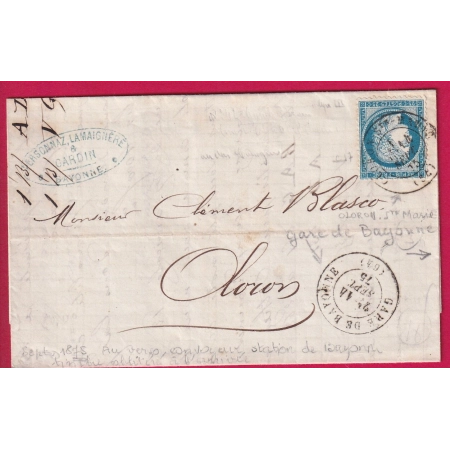 N°60 CAD OLORON + GARE DE BAYONNE CONVOYEUR STATION AU DOS BAYONNE BASSES PYRENEES POUR OLORON LETTRE